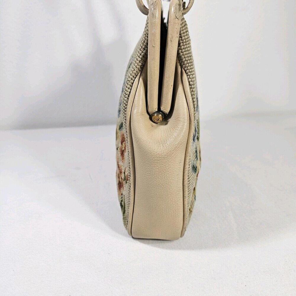 Vintage 1950's Mid Century Needlepoint Floral Purse Handbag Pocket Beige - Picture 4 of 13